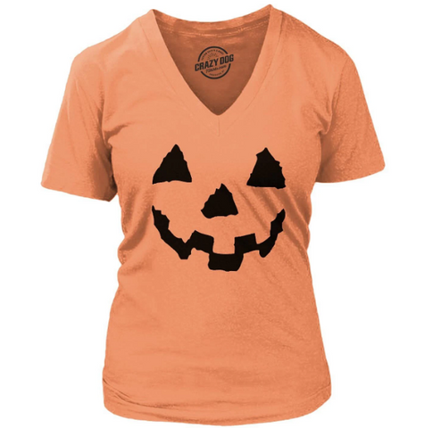CrazyDog Tshirts Womens Pumpkin Face V Neck T Shirt Stylish Halloween V-Neck Tee 015pumpkinfaceWMN-V-L